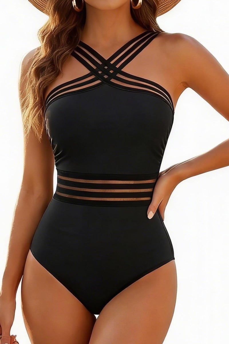 Tempt Me Women Black Crisscross One Piece Swimsuits Mesh Tummy Control Bathing Suits Front Crossover Swimwear S - Image 1